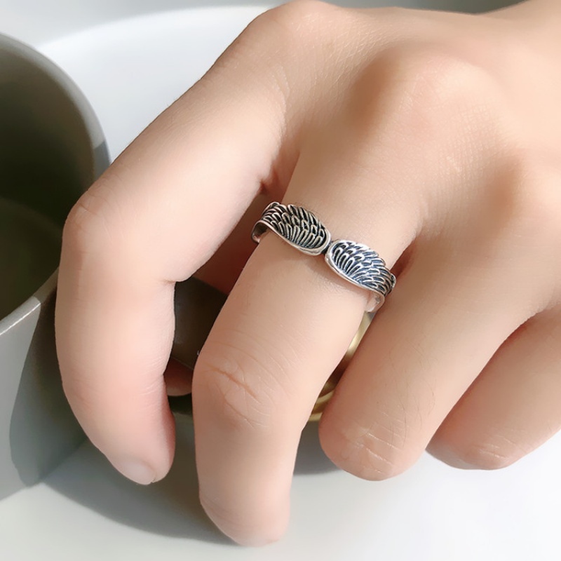 Cincin Model Terbuka Desain Bulu Bahan S925 Gaya Vintage Untuk Wanita