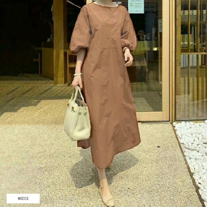 Dress polos Lengan Balon  / Midi Dress Muslim Polos Korean Style Lengan Balon / Baju Midi Dress wanita muslim / Midi dress / midi dres / midi dress korea / midi dress polos / midi dress muslim / pakaian wanita / baju midi dres / Alea midi