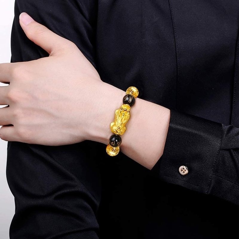 Gelang Manik-Manik Batu Obsidian Feng Shui Bahan Alloy Untuk Unisex