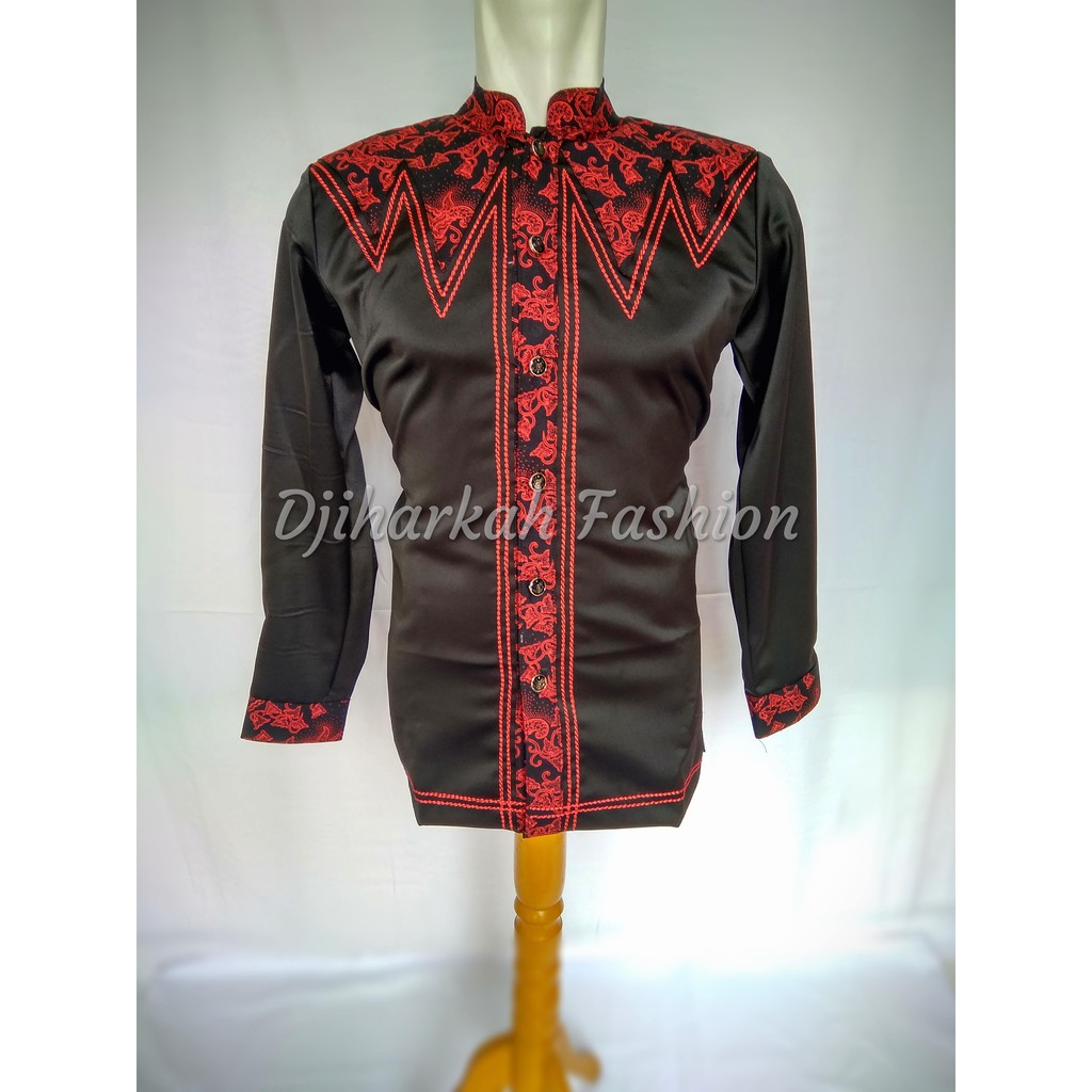 BAJU KOKO HITAM MIX BATIK MERAH DJIHARKAH FASHION
