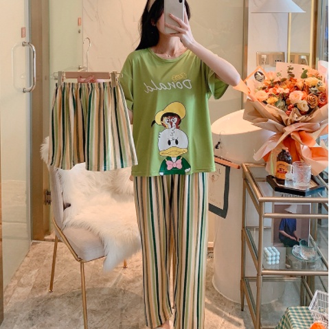 AJW Shop Piyama 3 in 1 | Piyama Lengan Pendek | Baju Tidur Impor | Baju Tidur 3in1-Donald Hijau