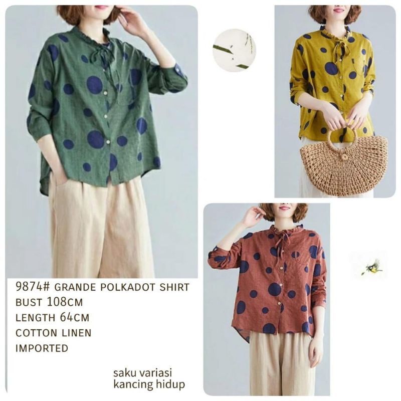 MDLV ~ 9874# Grande Polkadot Shirt Atasan Blouse Polkadot Full Collor Fashion Import