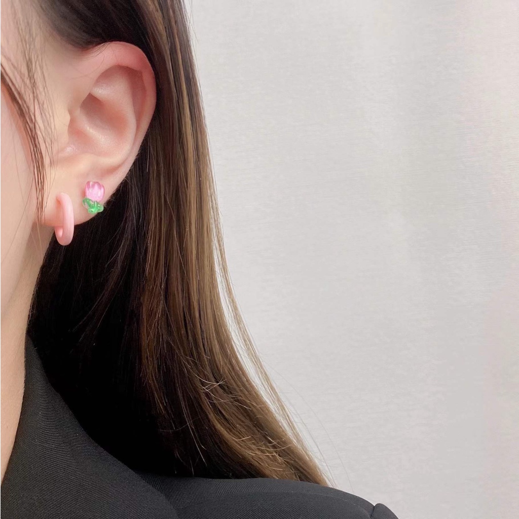 AY(CN) Set Anting Stud S925 Silver Bentuk Bunga Tulip Butterfly Bulat Geometri Aksen Kristal Gaya Korea Untuk Wanita