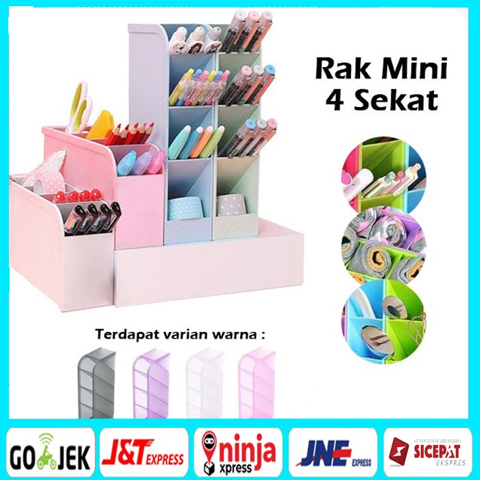 Rak Mini 4 Sekat / Rak Laci Plastik 4 Slot Pulpen Spidol / Desktop Drawer / Rak Mini 4 Sekat / Tempat Penyimpanan ATK Pena Pensil Pulpen Gunting Sendok / Kotak Organizer Tempat Alat Tulis Meja Kerja Belajar Remot AC TV Kipas Brush Make Up Kosmetik Dasi