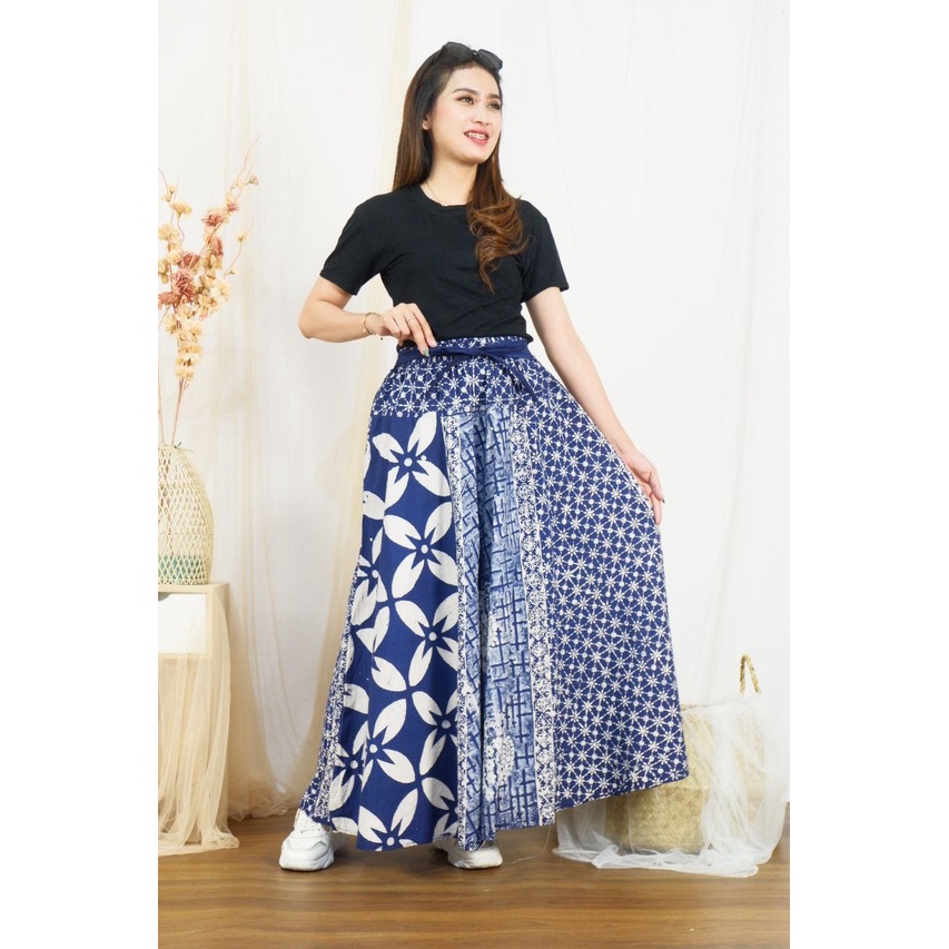 Rok Batik Cap Indigo Motif Seling Biru Kombinasi Bawahan Formal Wanita Casual Kantoran Katun Premium