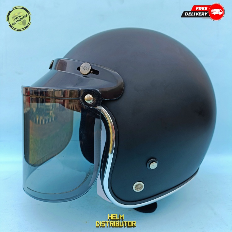 HELM BOGO DEWASA KACA DATAR, HITAM DAN BENING, LIS CHROME,KUALITAS PREMIUM UNTUK PRIA DAN WANITA COD