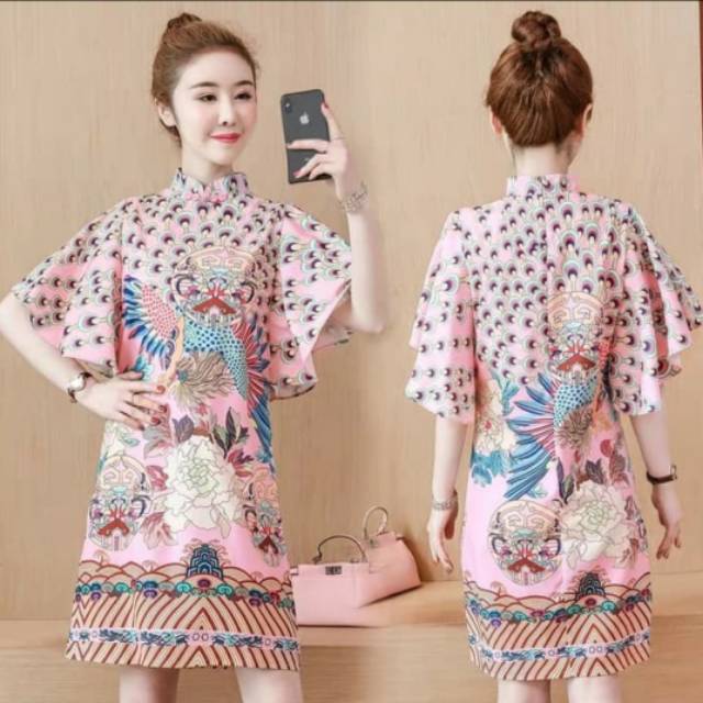 Dress Cheongsam Pink Murah Baju Imlek Congsam Qipao Merak Wanita