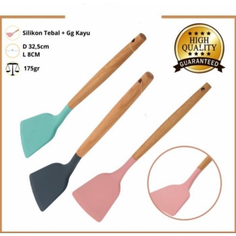 spatula silikon gagang kayu tahan panas food grade / sodet sutil silicone tahan panas anti lengket