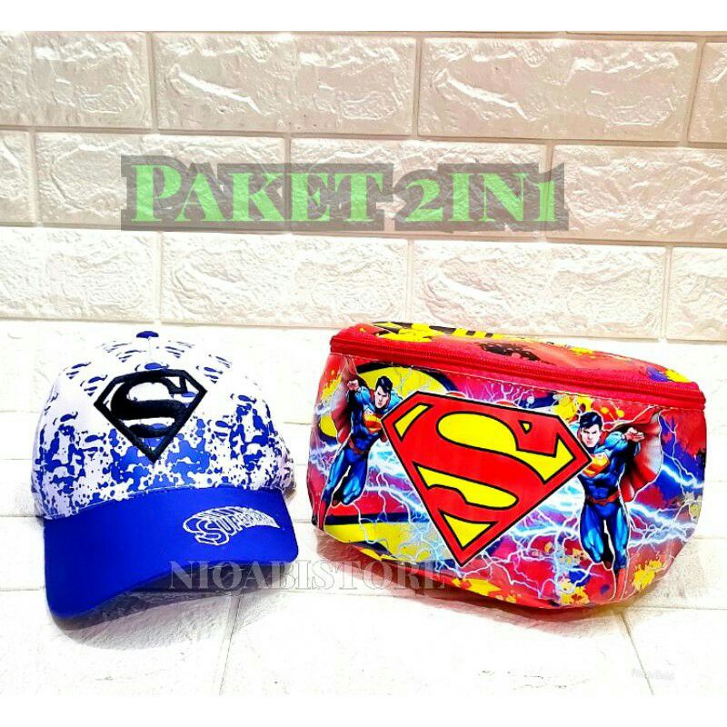 paket 2in1 superman tas slempang anak topi anak bordir full print waistbag anak topi anak