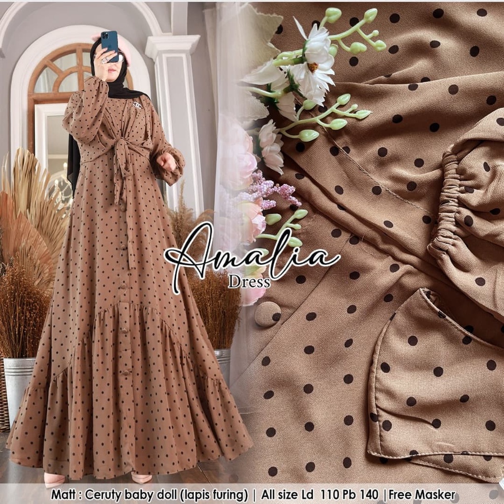 AMALIA DRESS BL CERUTY BABYDOLL FULL PURING LD 110 CM PB 138 CM Motif Polkadot Perempuan Gamis Wanita Terbaru Murah Gaun Dress Kondangan Simple BEST SELLER 2022