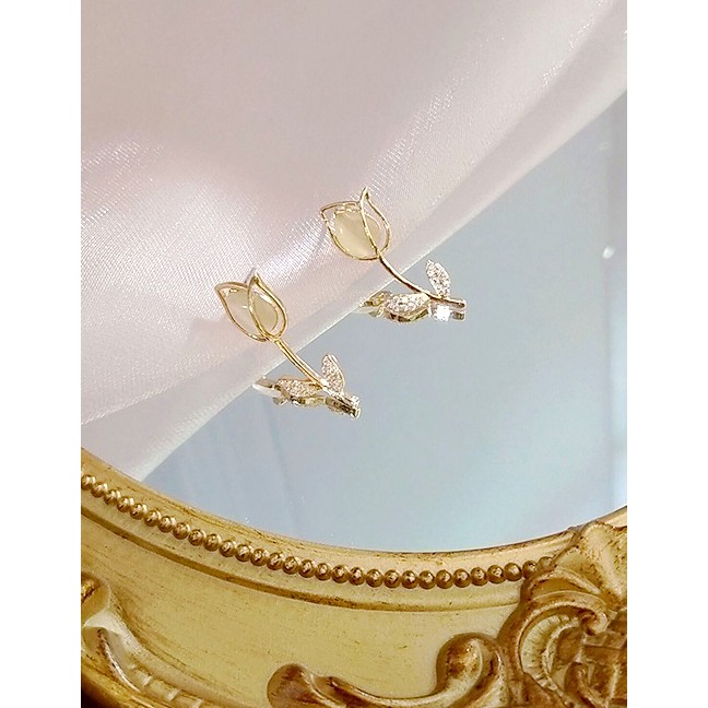 LRC Anting Tusuk Fashion Golden Rose Opal Alloy Hollow Earrings K49010