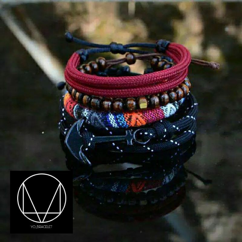Gelang Pria Tali Prusik Paracord Motif Hitam Merah / Gelang Tali / Gelang Keren