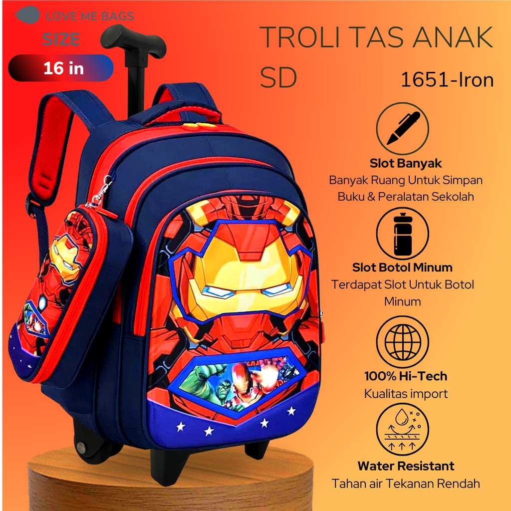 LMB Tas Troli Anak Laki Laki Sekolah SD Ransel Import Premium Karakter Gambar Superhero Timbul 6D Roda Dorong