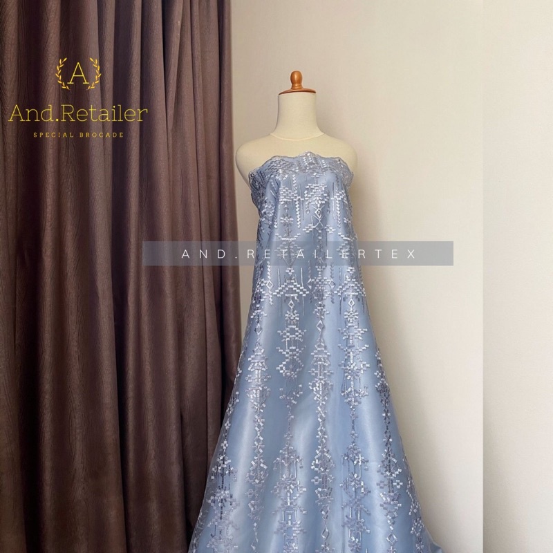 Bahan Kebaya Premium Etnik Tile Bordir Aphrodite Warna Silver Blue Metalic Design By Sapto