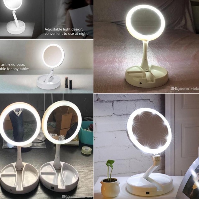 CERMIN PUTIH BULAT LAMPU LED MIRROR DUA SISI USB BATERAI KACA MAKEUP