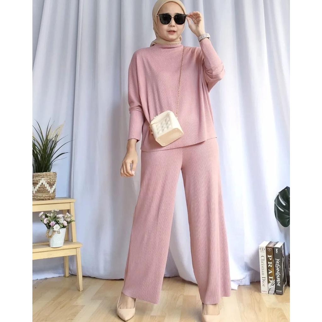 SET ELIVIA FASHION PAKAIAN WANITA SETELAN ATASAN DAN CELANA BAHAN RIB KNIT / RAJUT MR ADA VIDEO REAL PRODUK