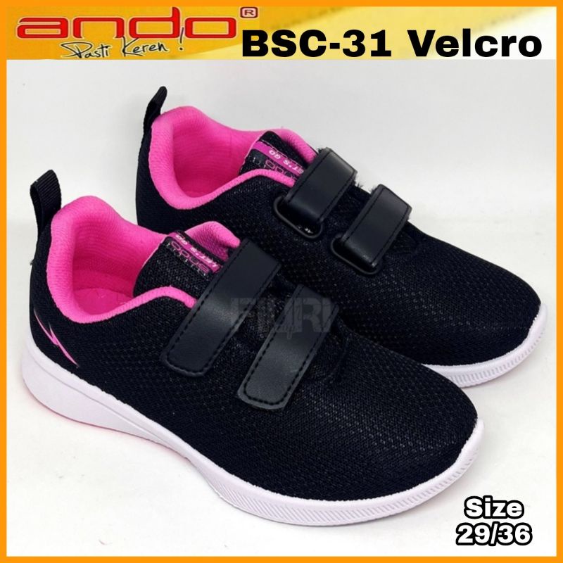 Sepatu Anak Perempuan Cewek Kecil Sekolah Kekinian Ando Annie Rebecca Saga Velcro Perekat Hitam Pink Size 29 - 32