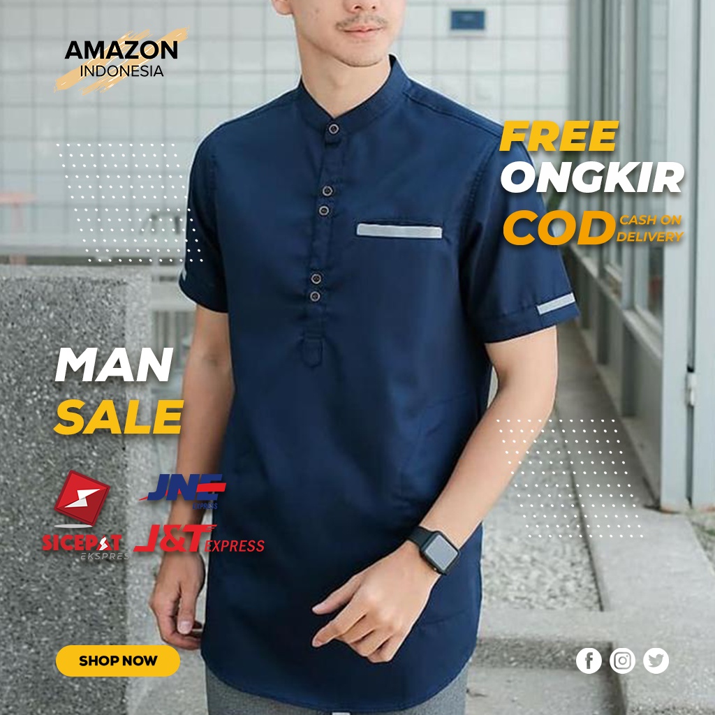 BAJU KOKO PRIA MUSLIM PAKAIAN MUSLIM LENGAN PENDEK KLASIK CASUAL WARNA NAVY KAIN KATUN TOYOBO TEBAL HALUS