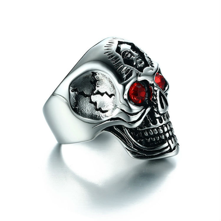 Hot sale personality fashion retro punk style red eye diamond skull ring