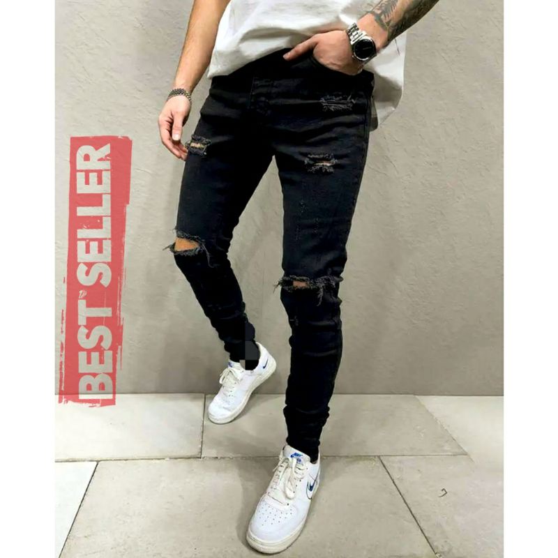 CELANA SOBEK PRIA RIPPED JEANS SLIMFIT SKINNY STRETCH PENSIL HITAM PREMIUM 27-38