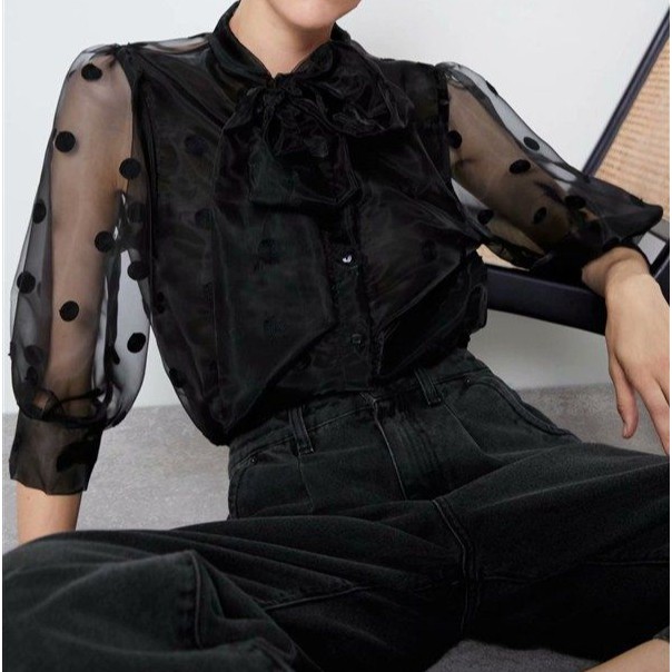 Black Dot Bow Organza Top