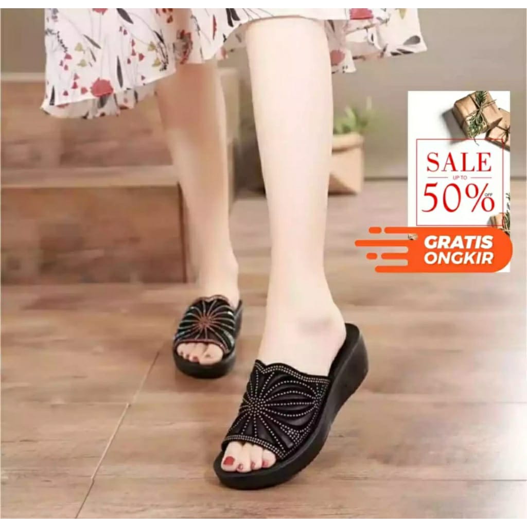 Invincible Sandal Wanita Selop Wedges Calbi Grade Original Motiv Bunga Sandal Sendal Calbi Wanita Terbaru Style Laba Laba