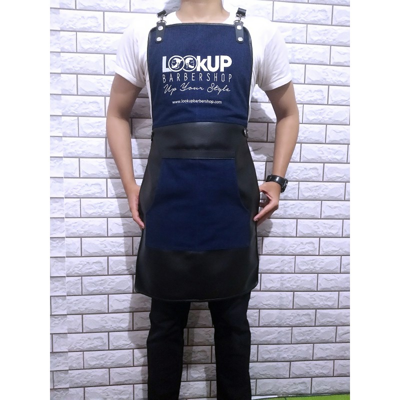 apron barista celemek barbershop celemek koki masak kombinasi kanvas tebal dan premium syntethic leather plus bordir logo