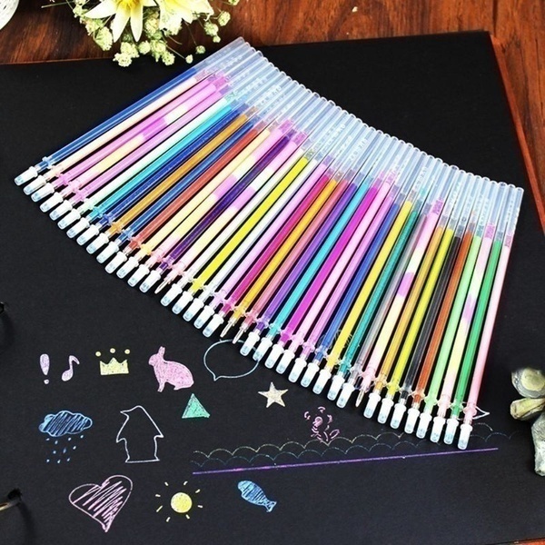 48pcs / lot Isi Ulang Pena Gel Glitter Multi Warna Fluorescent Untuk Perlengkapan Sekolah