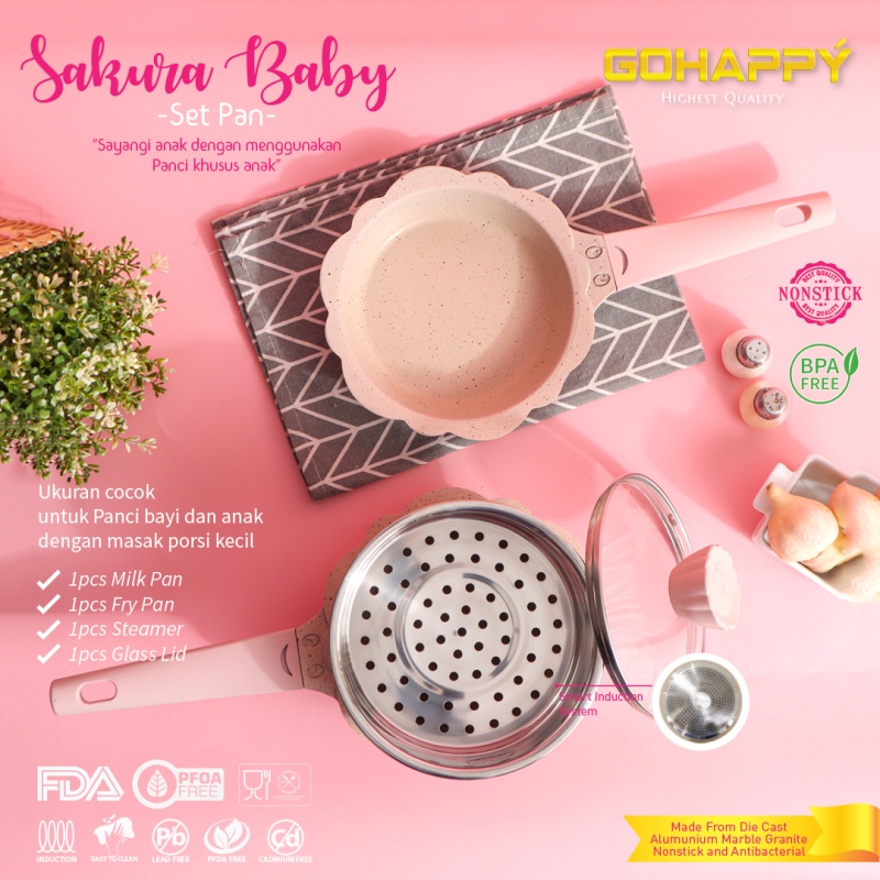 GOHAPPY SAKURA panci set mpasi baby /wajan bayi susu sauce pan/ fry pan frypan 16cm/ Pengukus GH-J24