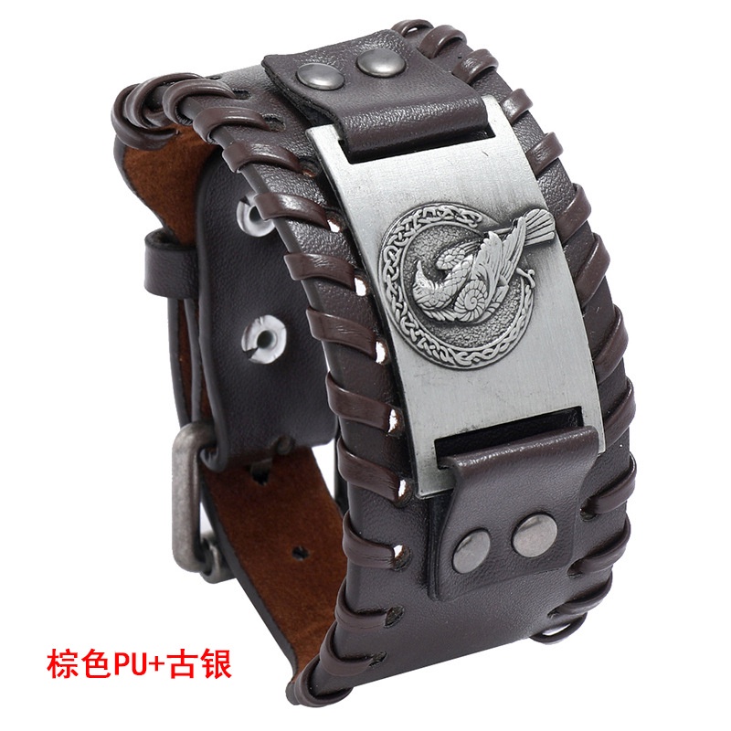 [Z H Perhiasan] Hip Hop Rock Retro Pria Fashion Stainless Steel Viking Raven Rune Gelang Kulit Pesta Perhiasan Aksesoris