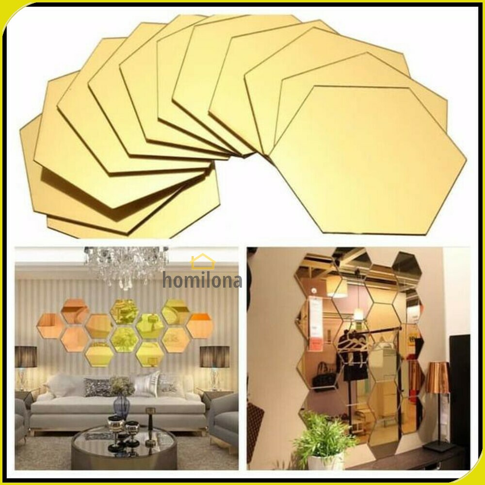 Stiker Dekorasi Dinding Cermin Sticker Hexagon Mirror Acrylic 7 PCS Silver Gold