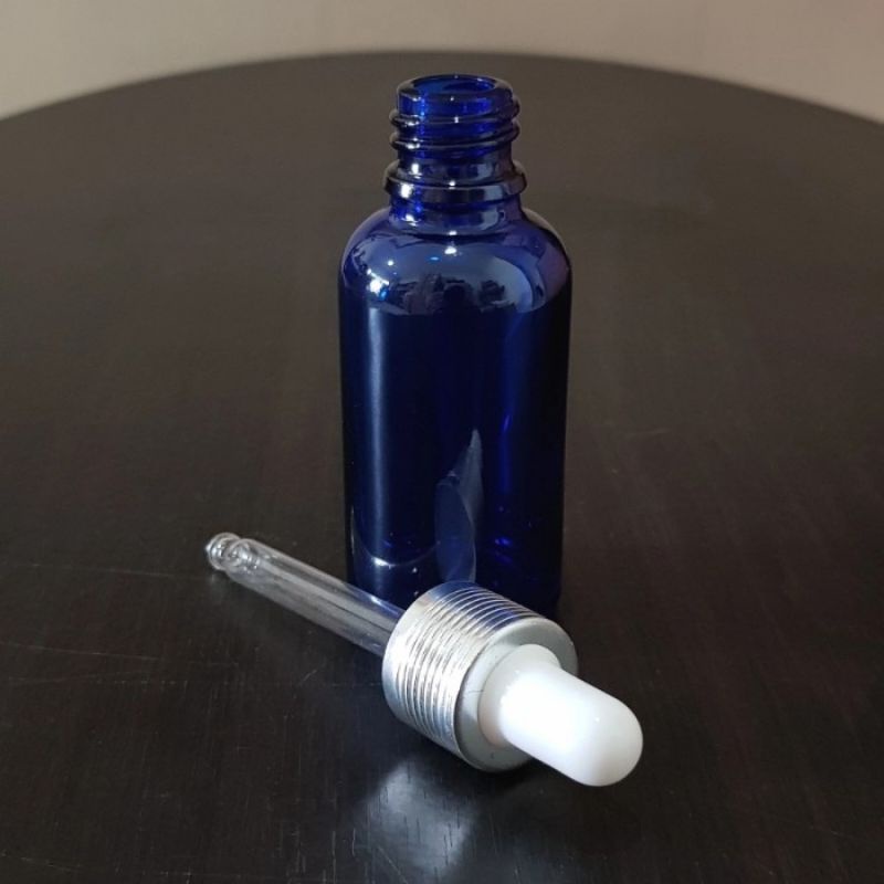 botol kaca pipet 30ml biru tebal - ring almunium silver bergaris