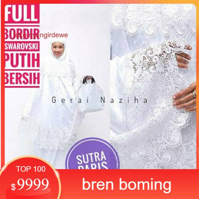 Mukena Dewasa Bordir Sutra Paris Putih Swarovski Renda Keong Kalung Full Bordir Elegan