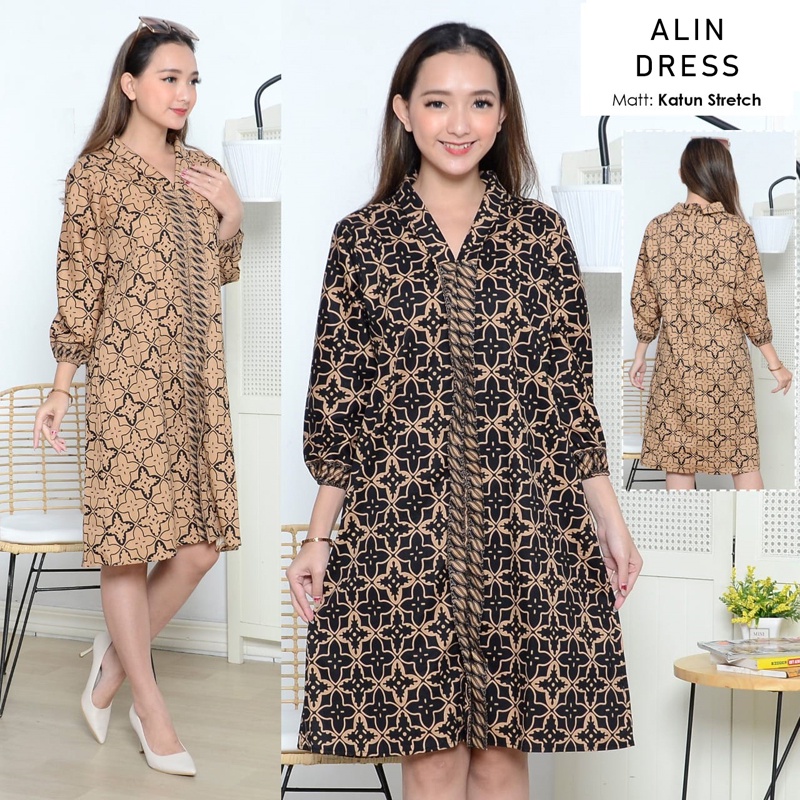 Alin Dress Batik Lengan Panjang Jumbo Tunik Batik Modern Dress Wanita Batik Blazer Muslim Kutu