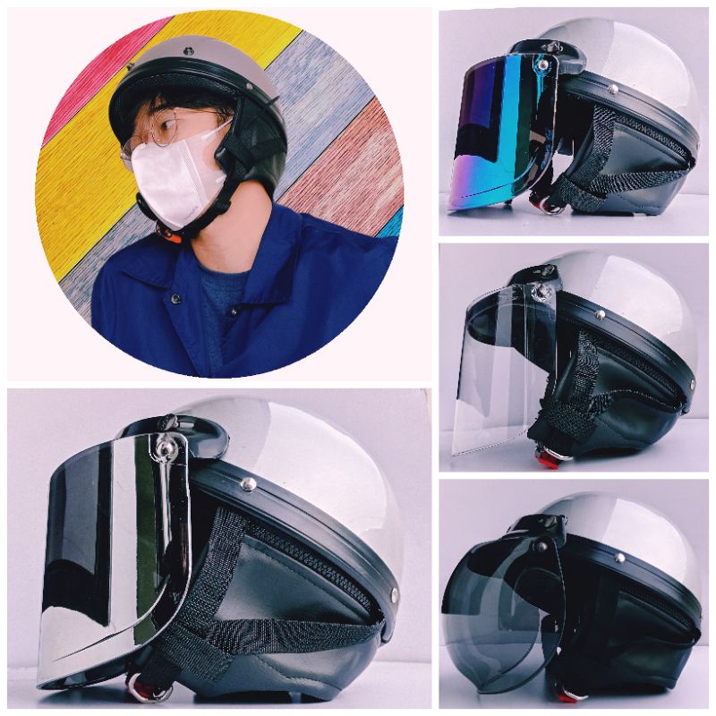 Helm Chips Cetok Retro Silver glossy kaca datar Flat visor-Helm Ventela-Helm Retro classic