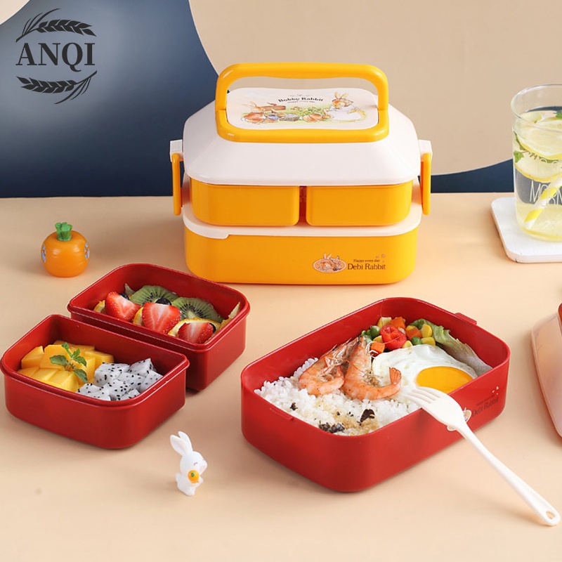 ANQI 1888 2 Susun Portabel Double-Layers Lunch Box Kotak Makan Tahan Bocor Tempat Makan Anak Cute Kotak Makan VS-75