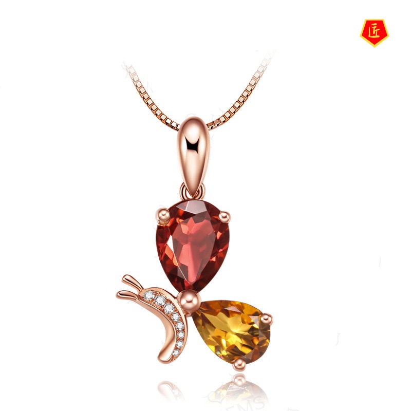 [Ready Stock]Silver Necklace Two Colored Gemstone Pendant 18K Rose Gold Elegant Fashion