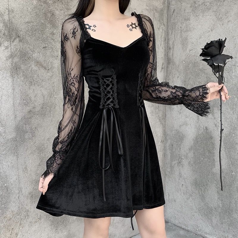 Gothic Vintage Grunge Layerder Lace Black Velvet Dress 8468 (S/M/L)