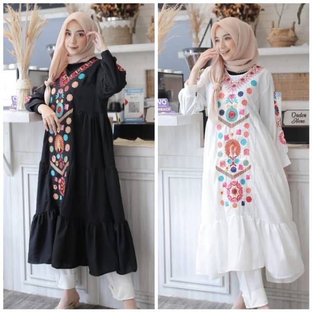 Anna long tunik bordir wanita cantik/tunik hitam putih/long tunik/baju lebaran wanita/baju bordir
