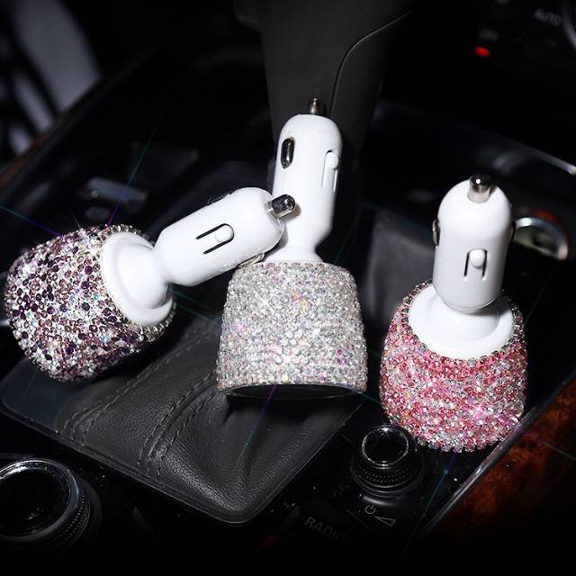 Charger mobil swarovskybling bling mewah dual usb fash charger