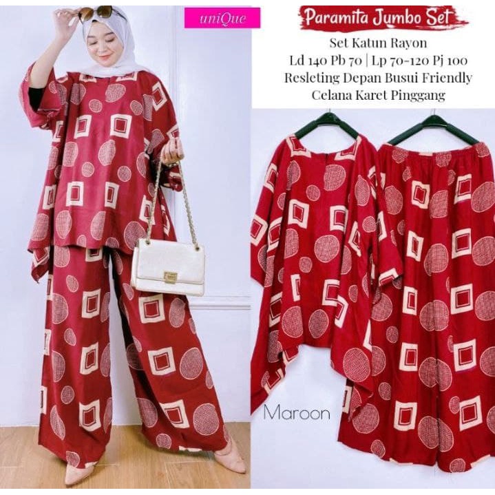 Paramitha Set Jumbo - One Set Jumbo Katun Rayon Tidie Premium Busui Setelan Wanita Waka Waka Set Celana Panjang Bigsize LD 140 cm