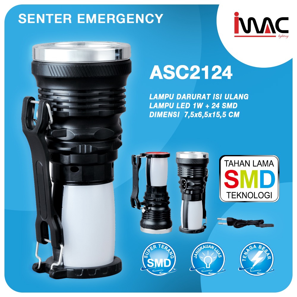 Imac ASC2124 Senter LED Rechargable Dengan Lampu Emergency LED Super Tahan Lama