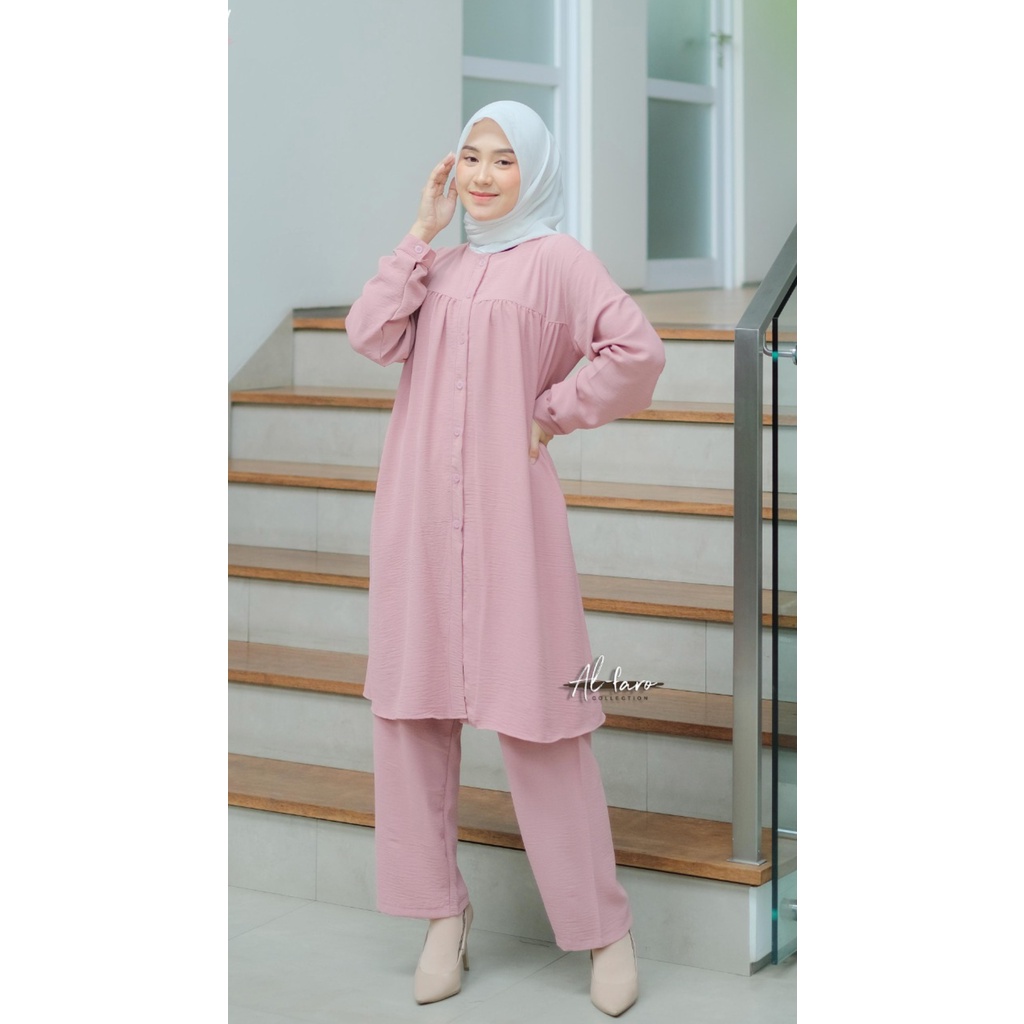 Setelan celana one set ANJANI RISA original by AL FARO atasan celana crinckle terbaru casual shabby limitted setelan wanita busui bumil tunik long kancing kemeja kerja muslim ootd fashion lylac denim army