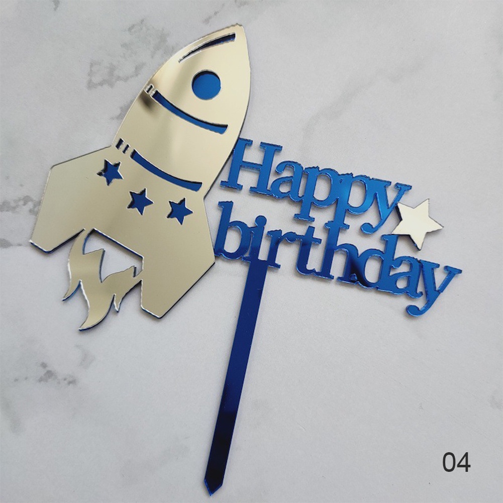 【TK】Creative Acrylic Rocket Cake Topper Diy Happy Birthday Cake Toppers Dessert Decoration For Kids Birthday Party