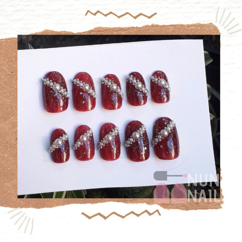 Kuku palsu 3D + lem kupal nail art warna maroon wedding pengantin murah