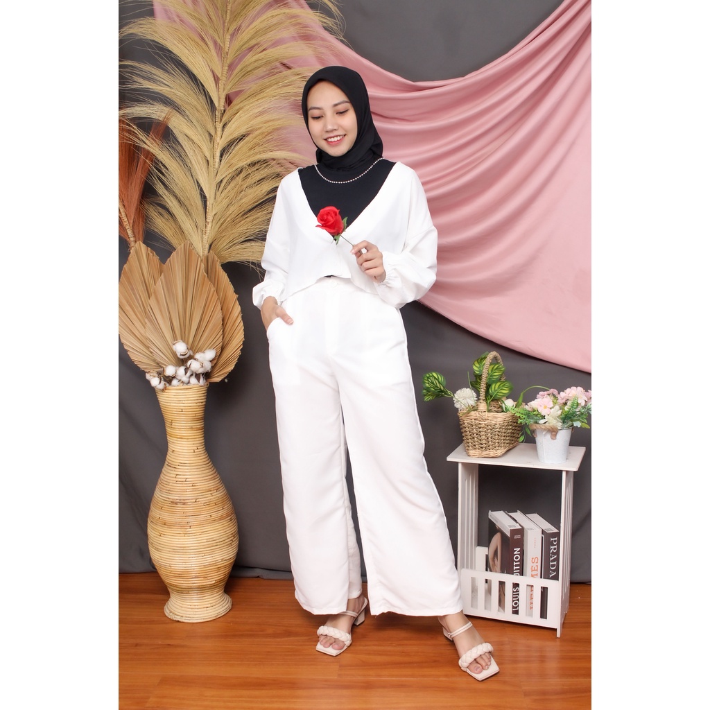 RX Fashion - One Set Hailey / Celana hailey motif / Setelan Wanita Terbaru Berkualitas // Set Korean -BN-PUTIH