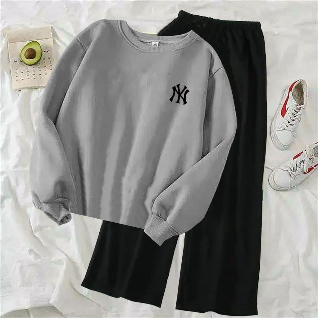 (COD)ST NY / Stelan Kulot Polos Wanita / Stelan Sweater Terlaris / Stelan NY Bordir / Sweater Lengan Panjang&Celana Kulot Viral-ABU ATASAN SAJA