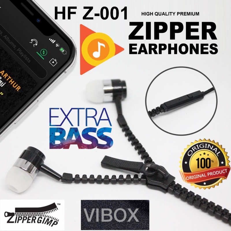 PROMO HF ZIPPER Z001 VIBOX ORIGINAL HANDSFREE Z-001 EXTRABASS METAL EARPHONE