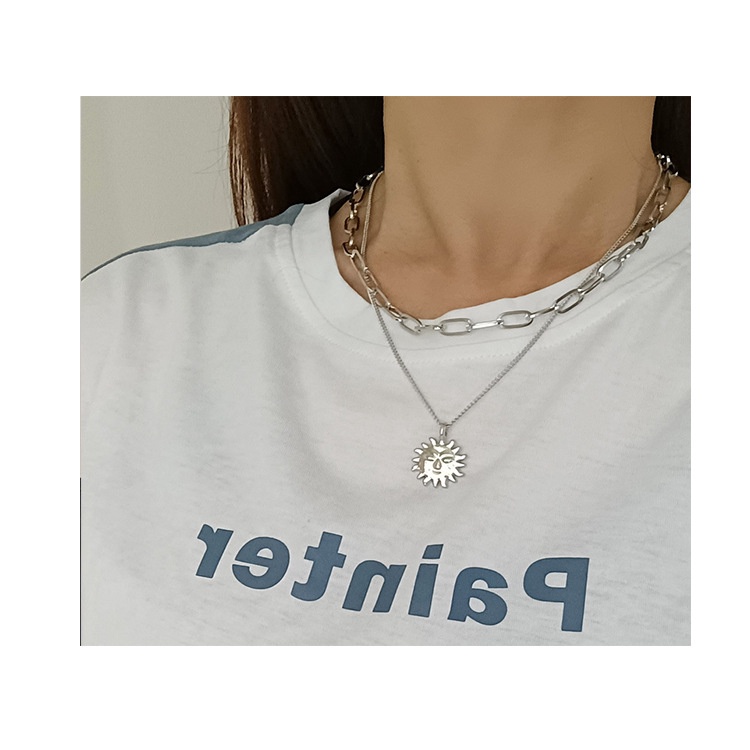 Retro double-layer Sun Kalung untuk wanita ins dingin gaya minimalis hip hop smiley face pendek lion