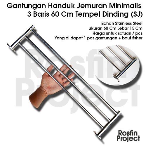 Gantungan Handuk Jemuran Minimalis 3 Baris Panjang 60 Cm Tempel Dinding (SJ)